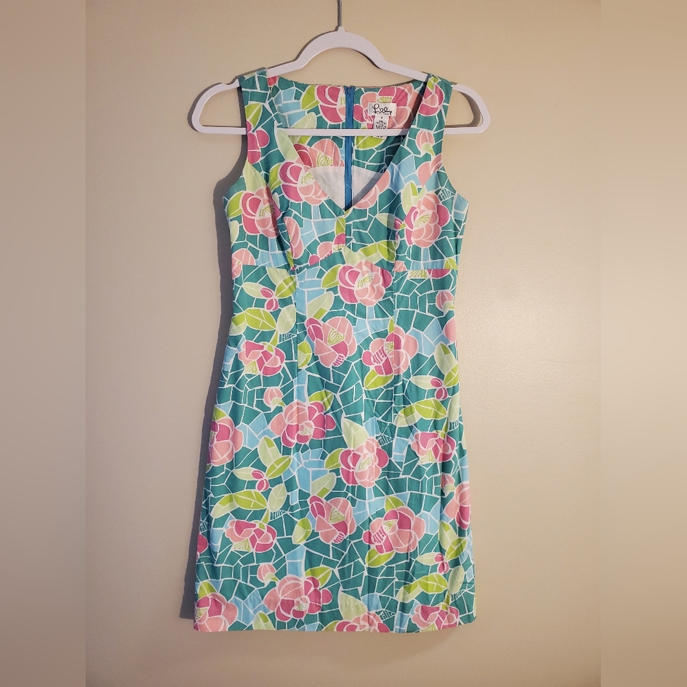 Lilly Pulitzer Pink and Green Tile Mosaic V-Neck Dress Size 2